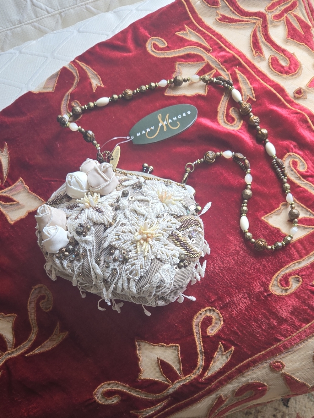 Mary Frances Cream Beaded Floral Necklace Purse Accent